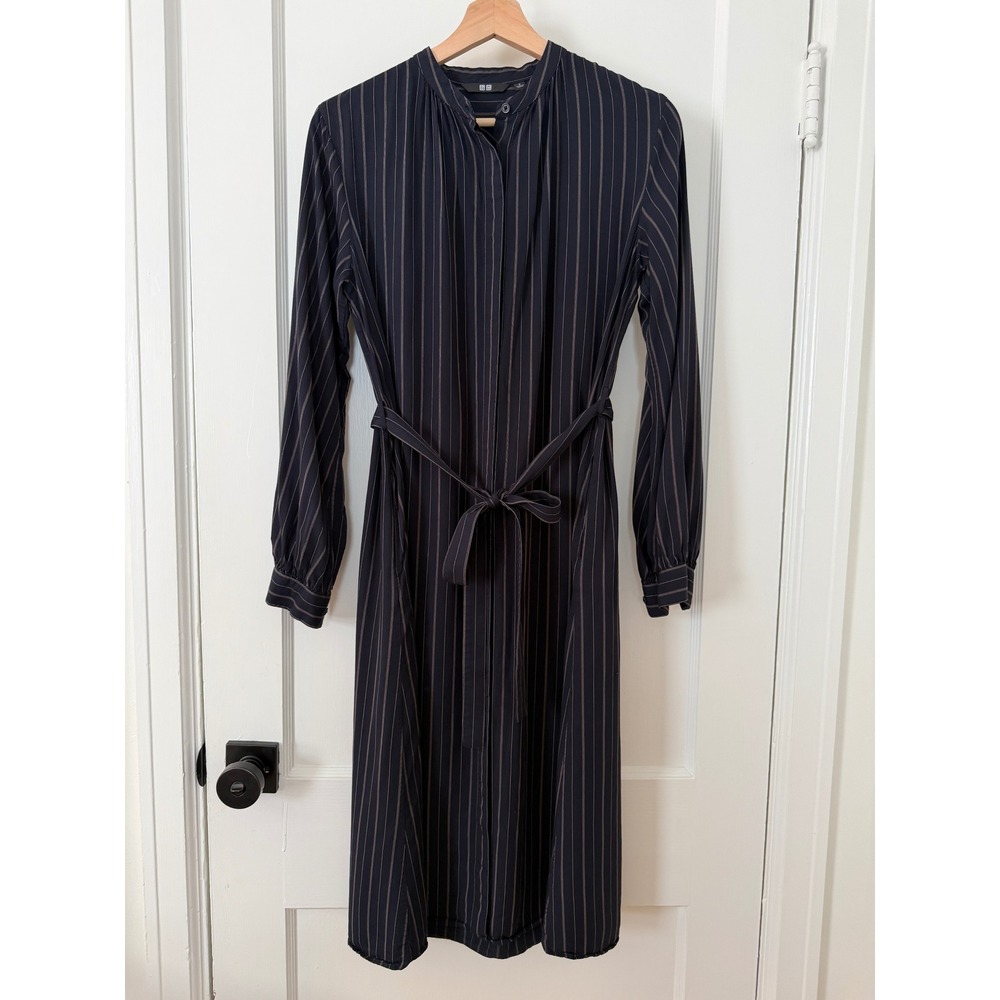 Uniqlo Navy Pinstripe Rayon Long Sleeve Midi Belted Shirt Dress S Career Office